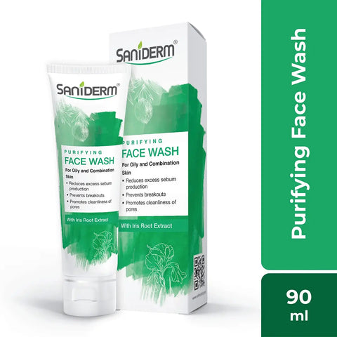 Saniderm Purifying Face Wash tube and box with key benefits listed, ideal for oily skin, enriched with Iris Root Extract, 90ml.