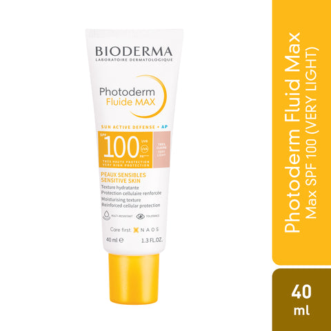 BIODERMA Photoderm Max Fluid SPF 100 in Claire Light for sensitive skin, available now in Pakistan.
