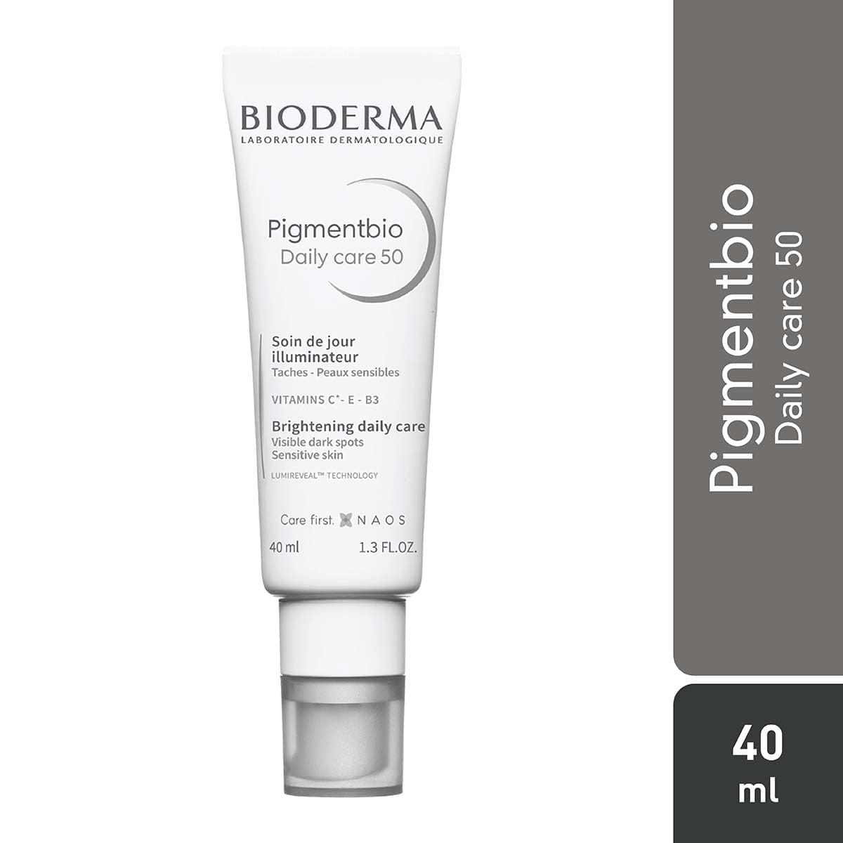 BIODERMA Pigmentbio Daily Care SPF 50 sunscreen for dark spot prevention and brightening skin care.