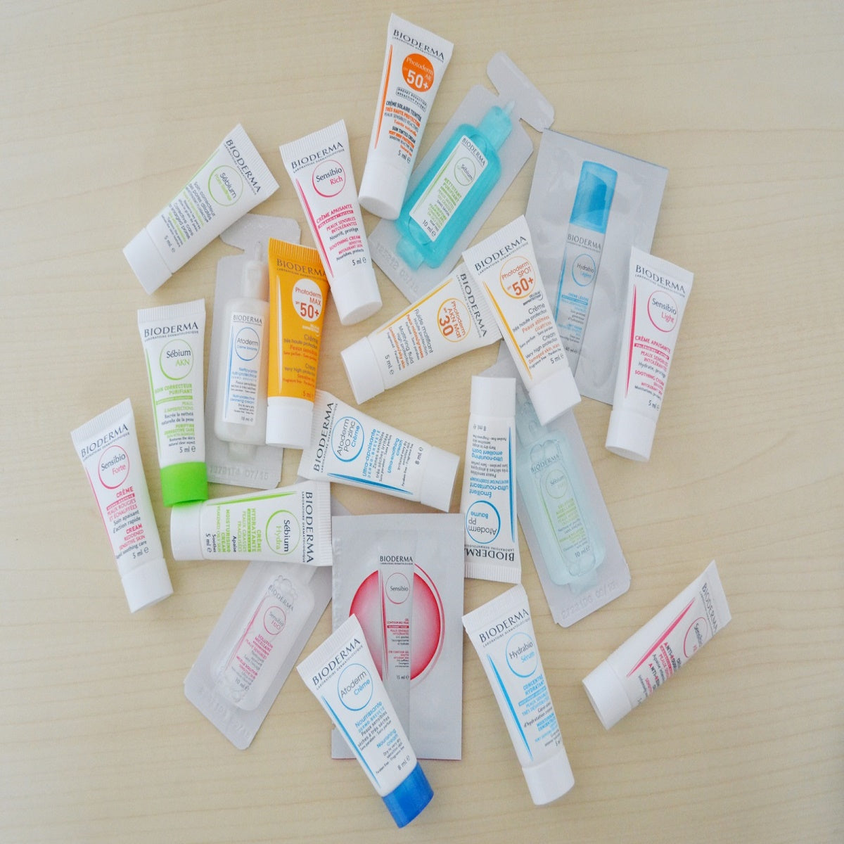 Assorted Bioderma Skincare Samplers Collection, featuring sunscreens and micellar water, perfect for comprehensive skin protection.