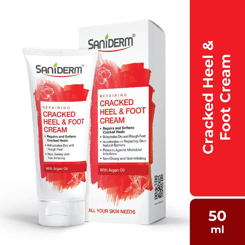 Saniderm Repairing Cracked Heel & Foot Cream 50ml enriched with Argan Oil for healthy, smooth feet.