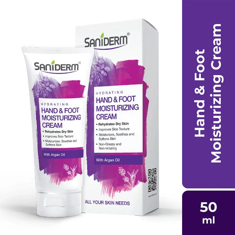 Saniderm Hydrating Hand & Foot Moisturizing Cream - Rich in Argan Oil for soft, hydrated skin - 50ml pack.
