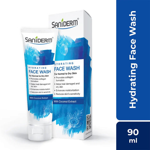 Saniderm Hydrating Face Wash bottle and packaging highlighting Vitamin C and Coconut Extract for dry skin.