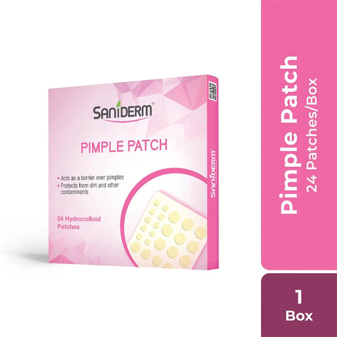 Saniderm Pimple Patch box containing 24 Hydrocolloid Acne Patches for effective pimple treatment.