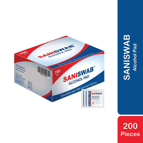Saniswab Alcohol Pads box with 200 pre-saturated 70% isopropyl alcohol swabs for antiseptic skin cleaning.